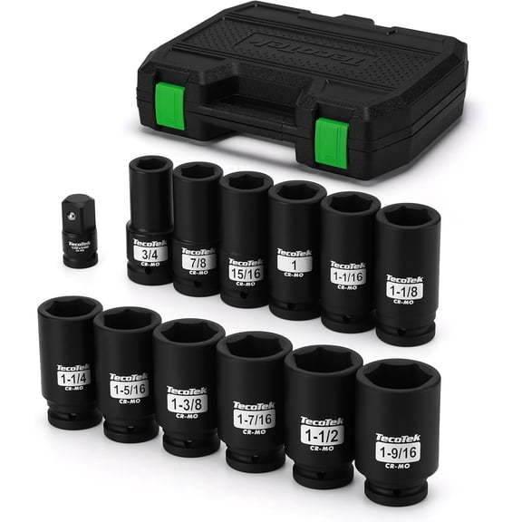 TecoTek 3/4" Drive Deep 6-Point Impact Socket Set, 13-Piece Jumbo Assortment, Cr-Mo, SAE (3/4" to 1-9/16"), 1/2" F to 3/4" M Impact Socket Adapter, for Large Vehicle and Apparatus Maintenance