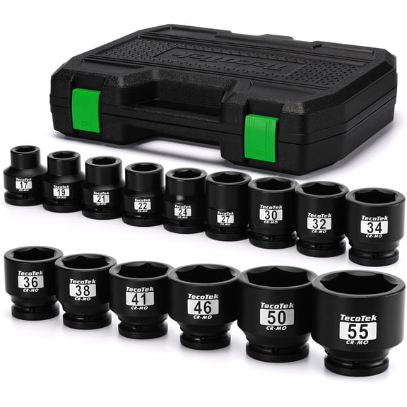 TecoTek 3/4" Drive Shallow 6-Point Impact Socket Set, 15-Piece Heavy Duty Impact Socket Set, CR-MO, Metric (17mm to 55mm), Enhanced Storage Case