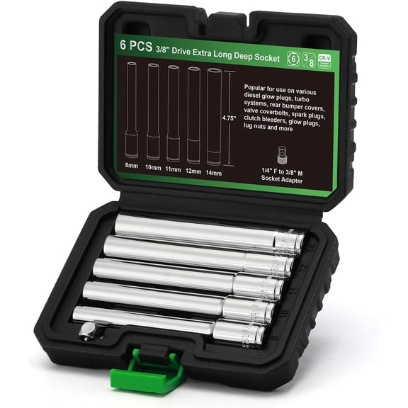TecoTek 6PCS 3/8-Inch Drive Extra Deep Metric Socket Set, 6 Point, 8mm, 10mm, 11mm, 12mm, 14mm, 1/4" F to 3/8" M Socket Adapter, 120MM Deep CR-V Socket for Automotive and Industrial Applications