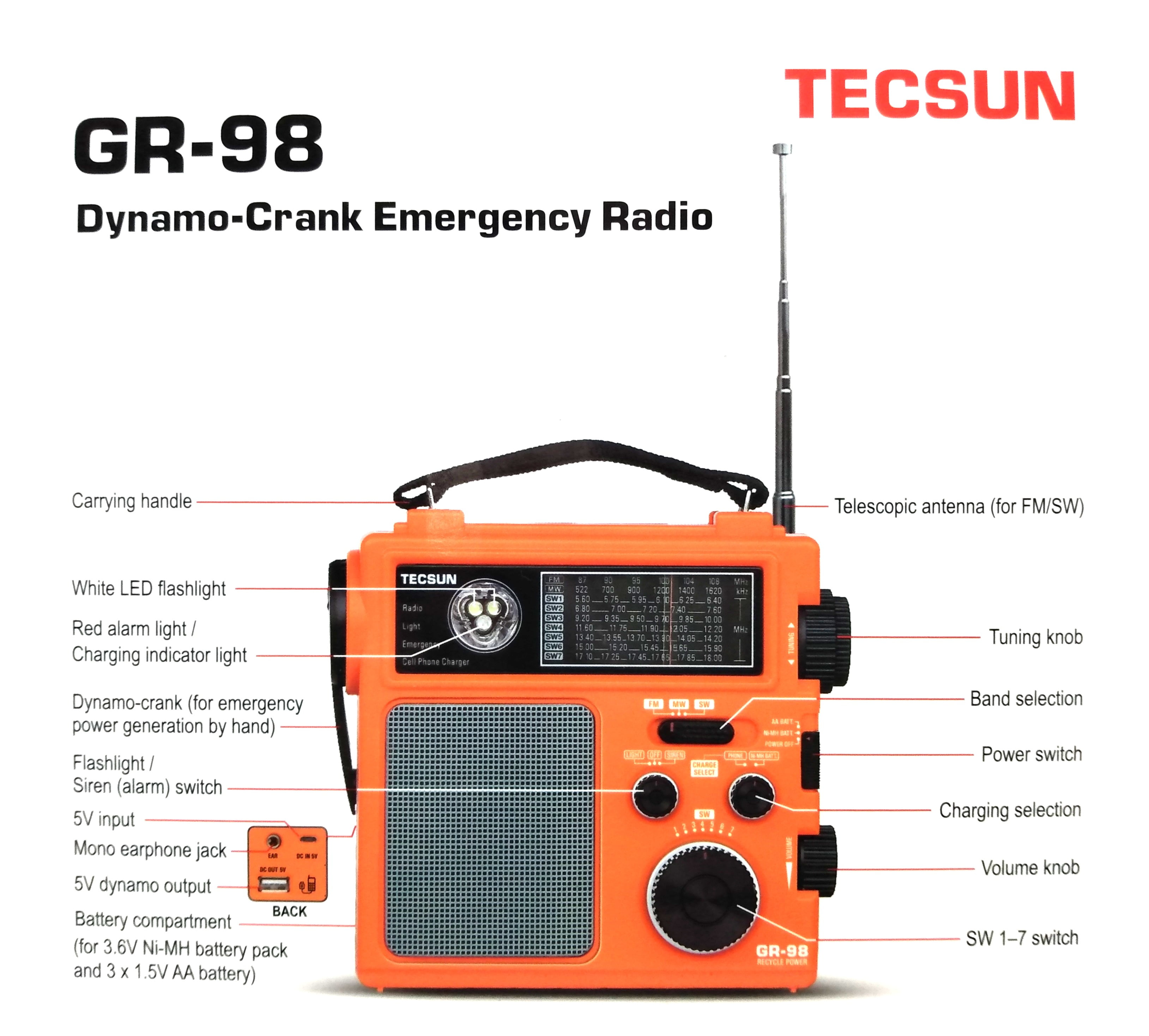 Tecsun GR-98 Battery Flashlight Portable Emergency Radio, Orange