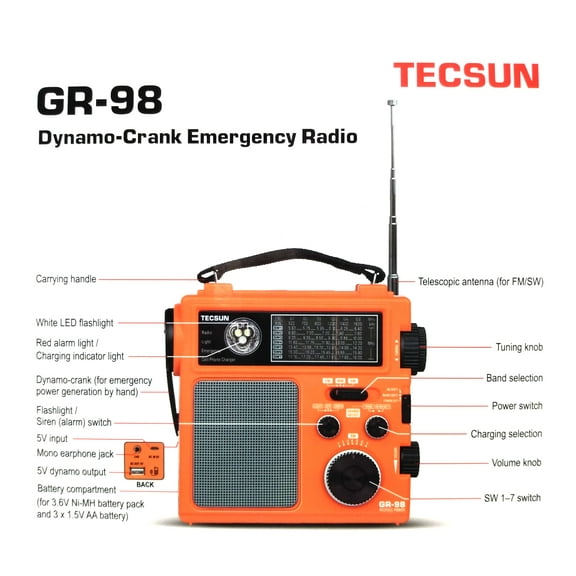 Tecsun GR-98 Battery Flashlight Portable Emergency Radio, Orange