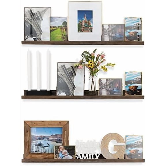 Ted 36" Wall Mount Narrow Picture Ledge Shelf Photo Frame Display - Wooden Floating Shelf for Living Room Office Kitchen Bedroom Bathroom Dcor - Set of 3 - Torched Brown