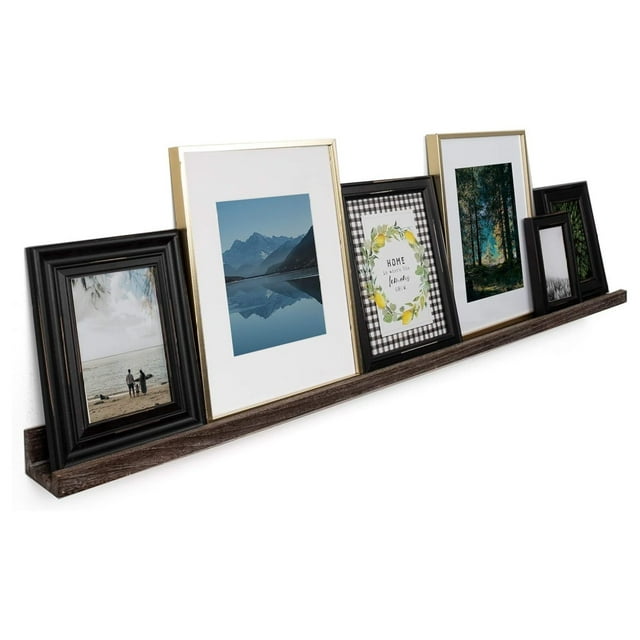Ted 52" Long Narrow Wall Mount Wood Picture Ledge Photo Frame Display Floating Shelf for Living Room, Office, Kitchen, Bedroom, Bathroom Décor Storage - Burnt Brown