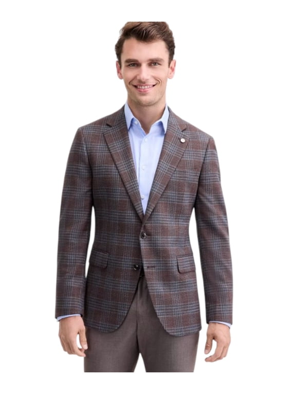 Mens Modern fit Sport Coat Blazer 38 R Brown Blue Plaid Wool