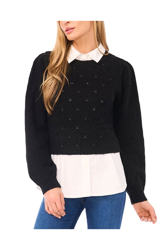 womens Allover Pointelle Texture Twofer Wool-Blend Sweater, l