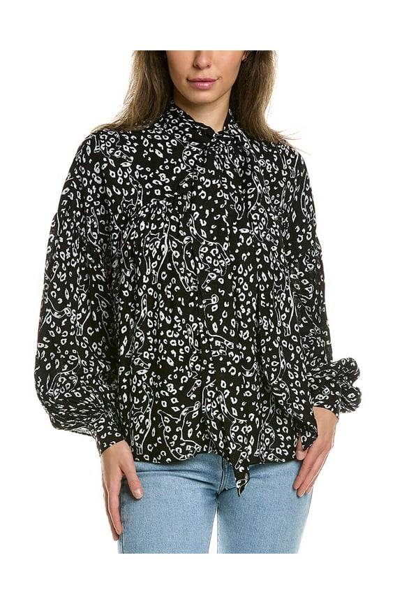 womens Bow Neck Blouse, 0, Black