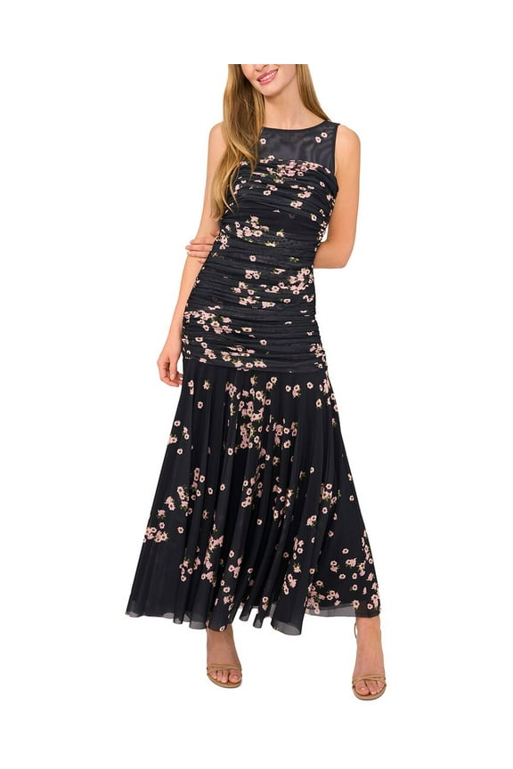 womens  Ruched Mesh Slim Fit Maxi Dress, xs