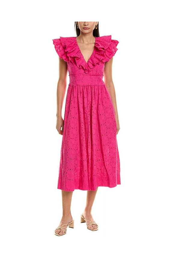 womens  Ruffle V-Neck Midi Sundress, 0, Pink