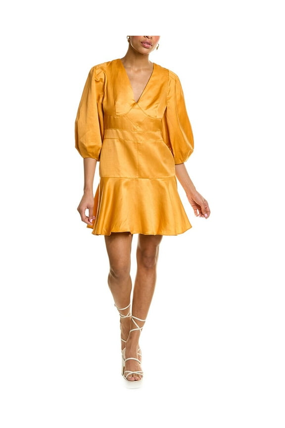 womens Topstitch Linen-Blend Mini Dress, 1, Orange