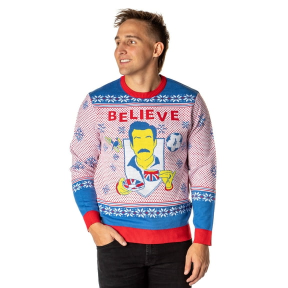 Ted Lasso Men's Believe Minimalist Fair Isle Ugly Christmas Sweater Knit Pullover