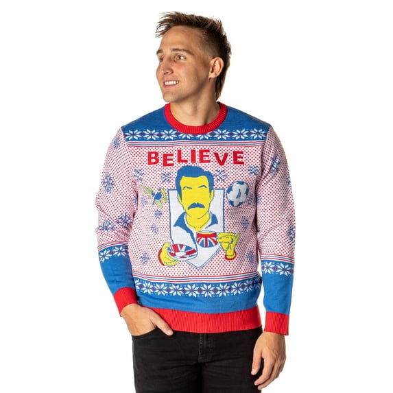 Ted Lasso Men's Believe Minimalist Fair Isle Ugly Christmas Sweater Knit Pullover