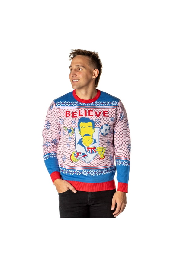 Ted Lasso Men's Believe Minimalist Fair Isle Ugly Christmas Sweater Knit Pullover