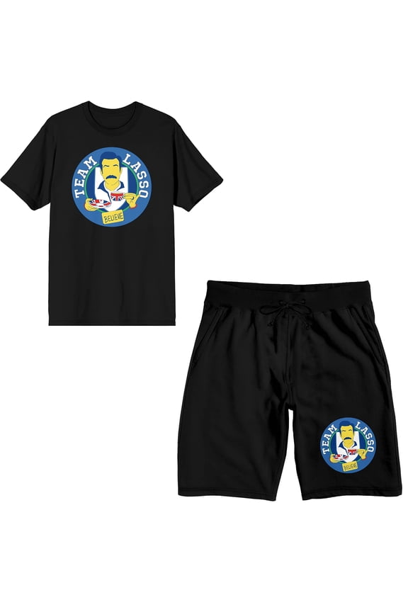 Ted Lasso Team Lasso Believe Men's Crew Neck Short Sleeve Tee & Sleep Pajama Shorts Combo Set-Large