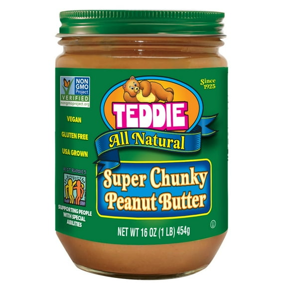 Teddie All Natural Vegan & Gluten-Free, Super Chunky Peanut Butter, Regular Size 16 oz, 1 Jar