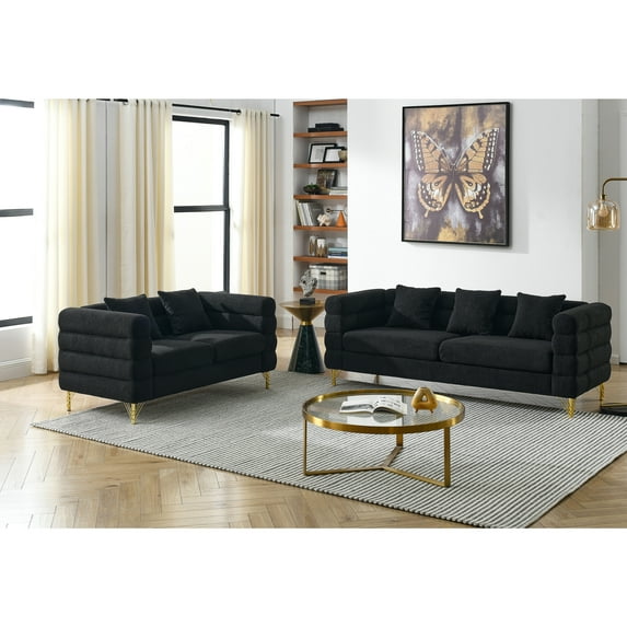 Teddy 3+2seater Combination sofa with Deep Seat Design,Comfort Fabric Sectional Sofa with Pillows,Modern Upholstered Loveseat with Stylish Metal Legs for Office, Waiting Room,Black