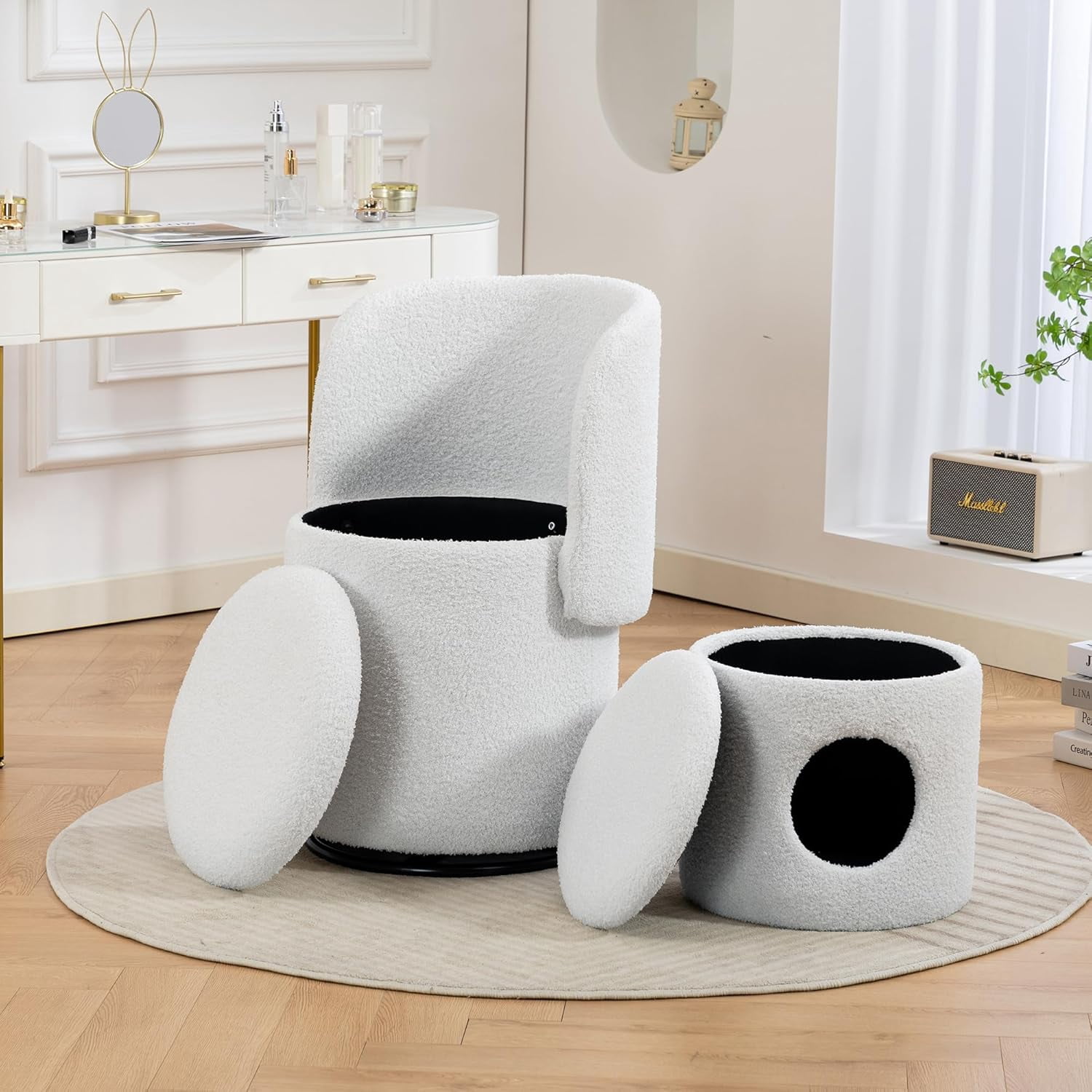 Teddy 360° Rotating Storage Barrel Chair with Removable Cat Bed Footstool for Vanity, Dressing Table & Dining Room, Living Room Accent Chair with Pet-Friendly Design