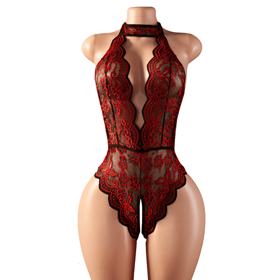 Teddy Baby Doll One Piece Deep V Transparent Sexy Lingerie For Women Pajamas Crotchless Lace Bodysuit