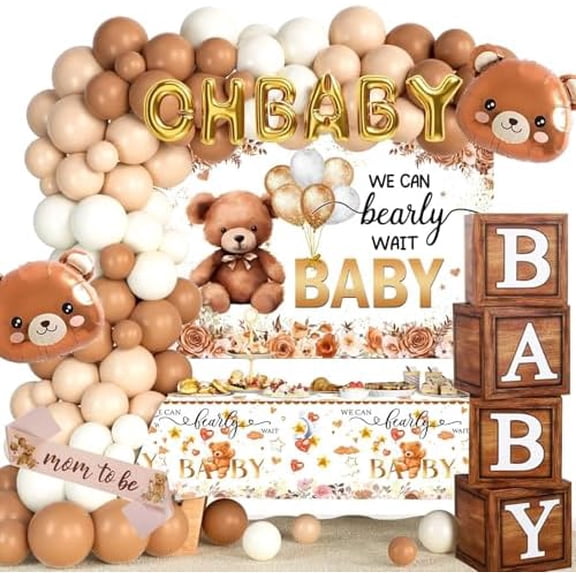 Teddy Bear Baby Shower Decorations - Boy Baby Shower Decor - We Can Bearly Wait Backdrop Banner Balloon Box Sash for Brown Bear Themed Party