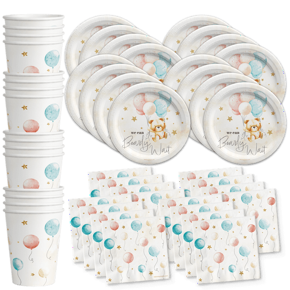 Teddy Bear Baby Shower Party Supplies Tableware Set Includes Plates Napkins Cups - Kit for 16