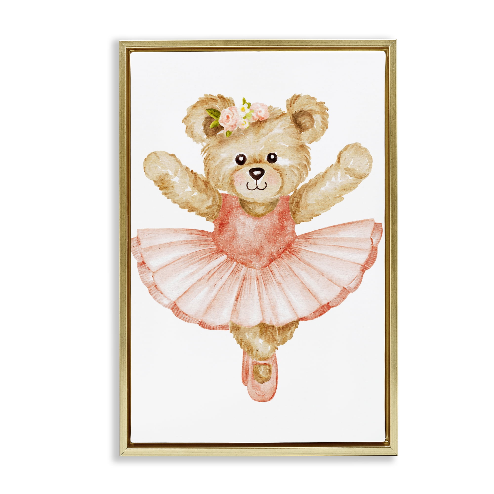 Teddy Bear Ballet Tutu Gold Framed Floater Canvas Wall Art, design by Amy Hall