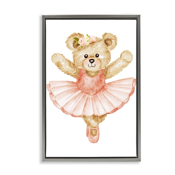 Teddy Bear Ballet Tutu Gray Framed Floater Canvas Wall Art, design by Amy Hall