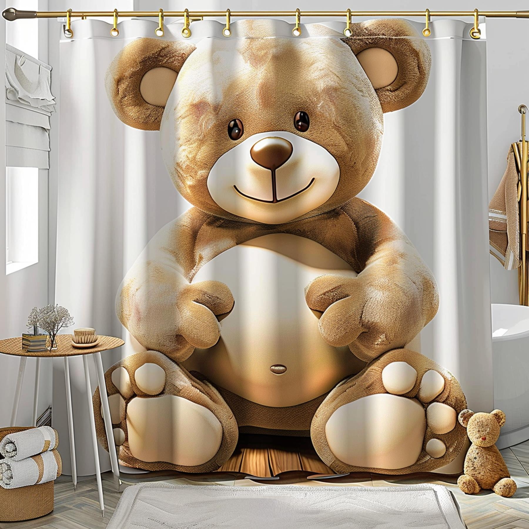Teddy Bear Bathroom Decor Set with Shower Curtain Cute Baby Brown Theme