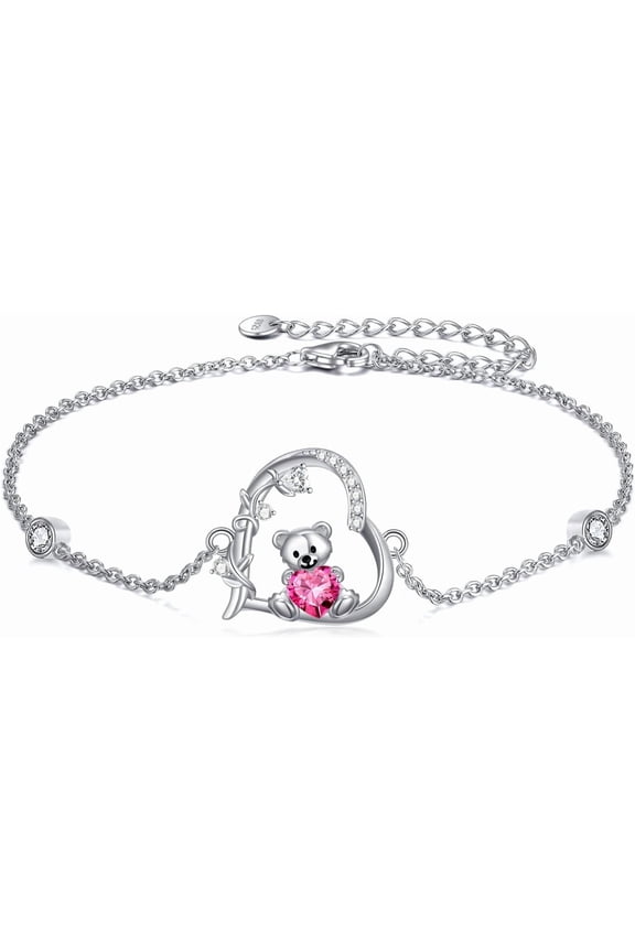 Teddy Bear Bracelets for Women 925 Sterling Silver 12 Month Birthstone Bear Bracelet Birthday Valentines Day Teddy Bear Jewelry Gifts for Mom Daughter Wife