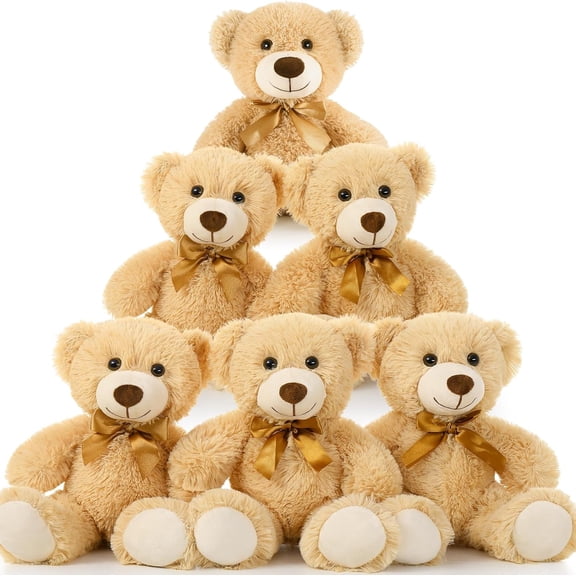Teddy Bear Bulk Packs - 6 Small Stuffed Animals for Baby Shower, Wedding Party - Light Brown