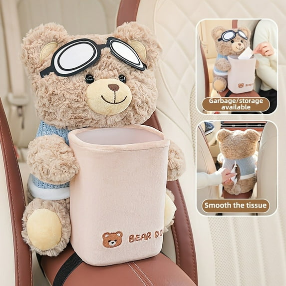 Teddy Bear Car Organizer, Dual-Function Trash Can and Tissue Box for Vehicle, Aviator Plush Bear with Goggles, Soft Pink Auto Garbage Holder multicolor