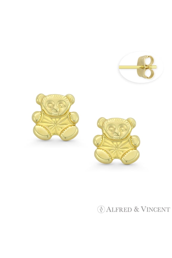 Teddy Bear Charm Stamping Stud Earrings with Push-Back Posts in 14k Yellow Gold