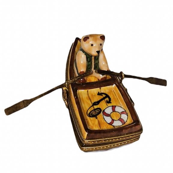 Teddy Bear in Row Boat Charm for Collectors | Limoges Limoges Box Porcelain Figurine
