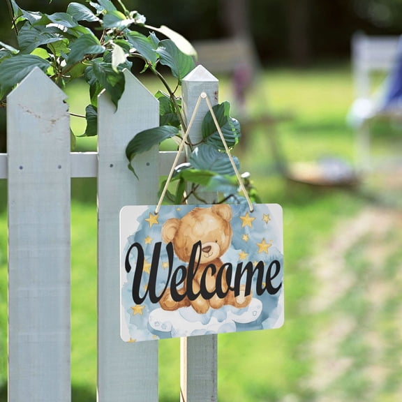 Teddy Bear Clouds Welcome Sign for Front Door Porch Wreath Door Sign Home Decoration Rustic Farmhouse Style