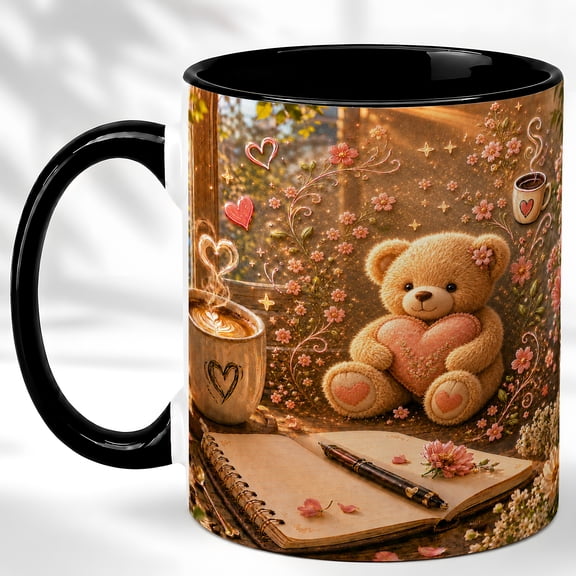 Teddy Bear Coffee Mug, Cozy Reading Journal Mug, Cute Bear with Heart Pillow Gift for Her, Floral Desk Aesthetic, Ceramic 11 Oz Cup