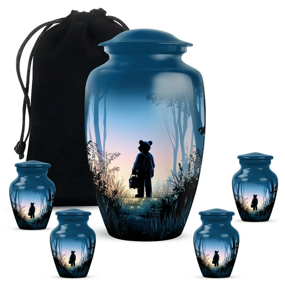Teddy Bear Cremation Urns For Keepsake 1 Large, Blue Miniature Urns For Human Ashes For Male And Female, Set Of 4, Little Funeral Urn For Mom And Dad, Combo 10&3 Inch