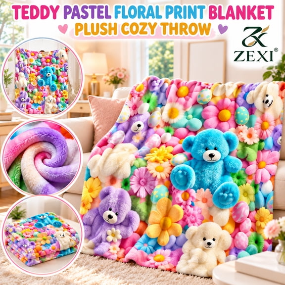 Teddy Bear Cute Plush 3D Throw Blanket Teddy Pastel Floral Print Blanket, Plush Cozy Throw