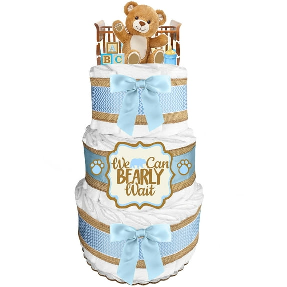 Teddy Bear Diaper Cake for a Boy - Baby Shower Gift Idea - Burlap Brown and Blue