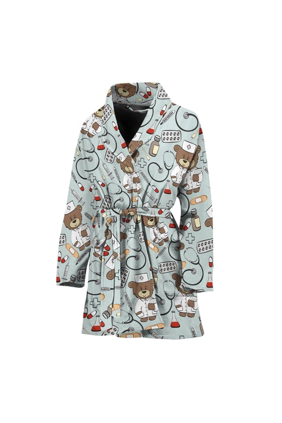 Teddy Bear Doctor Pattern Women Bathrobe One Size Univeral Fits, Bear Fashion Lightweight Plush Fleece Long Robe For Women