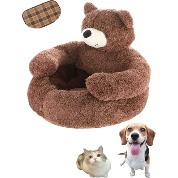 Teddy Bear Dog Bed with Arms, 2025 New Upgrade with a Cool Mat, Cute Comfortable & Non-Slip, Teddy Bear Cuddler Dog Bed, Detachable for Cat and Dogs (B, L(21.6in))