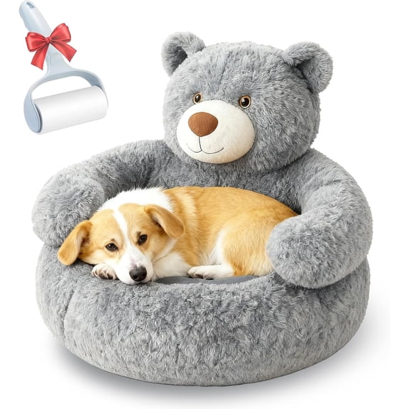 Teddy Bear Dog Bed with Arms, 2026 New Soft & Comfortable Plush Cuddler Bed, Washable Pet Bed with Removable Non-Slip Zipper Cover, Cozy Fluffy Puppy Bed for Small Dogs & Puppies (Brown,L: 21.6in)