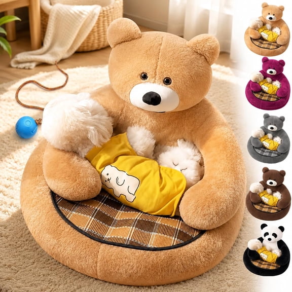 Teddy Bear Dog Bed,Cuddler Dogs Bed with Cooling Mat, Cozy Cave Dog Bed,Soft Bear Bed with Removable Washable Cover and Non-Slip Bottom for Small to Medium Dogs and Cats (Kakki, M)