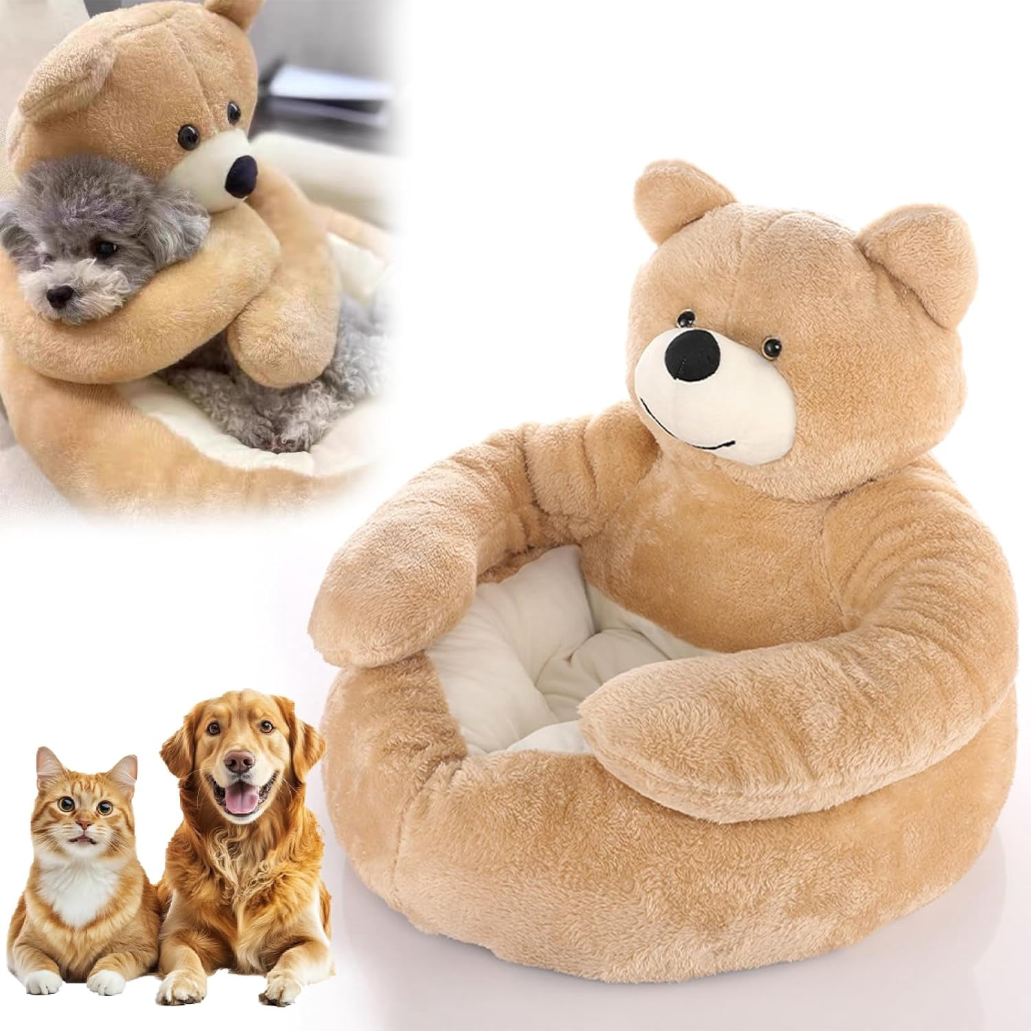 Teddy Bear Dog Bed, Pet Sleeping Mat, Teddy Bear Dog Bed with Hugging Arms, Bear Hug Cuddler - Plush Cat & Dog Beds, Anti-Slip Bottom, Cozy Fluffy Puppy Bed for Indoor Dogs