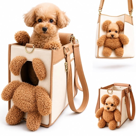 Teddy Bear Dog Carrier Bag, 2-in-1 Multifunctional Bear Shaped Pet Handbag with Furry Ears and Peek Window, Fashion Dog Handbag, Portable Shoulder Carrying Bag for Small Dogs & Cats
