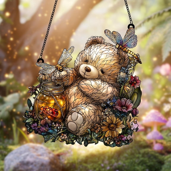Teddy Bear Fireflies Cozy Forest 2D Flat Acrylic Sun Catcher - Cute Nature Window Decor, Jar of Lights Dragonflies, Whimsical Home Hanging, Gift for Kids & Adults, Window Panel Ornament