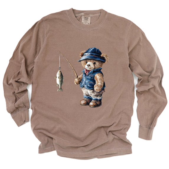 Teddy Bear Fisherman - Womens Garment Dyed Long Sleeve
