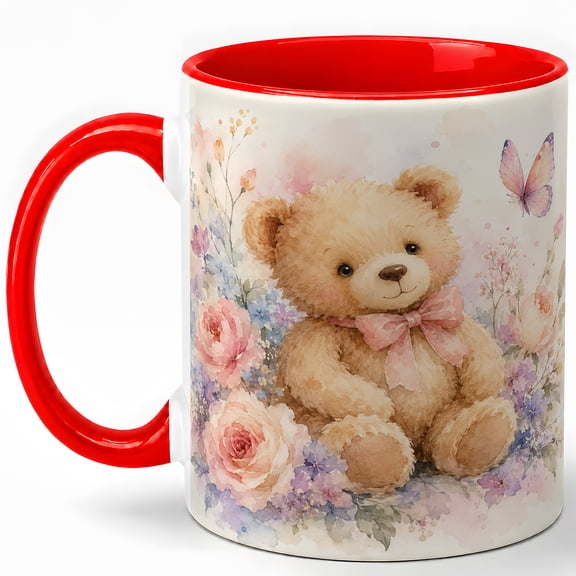 Teddy Bear Floral Coffee Mug, Cute Watercolor Bear with Flowers and Butterfly, 11 oz Ceramic Cup