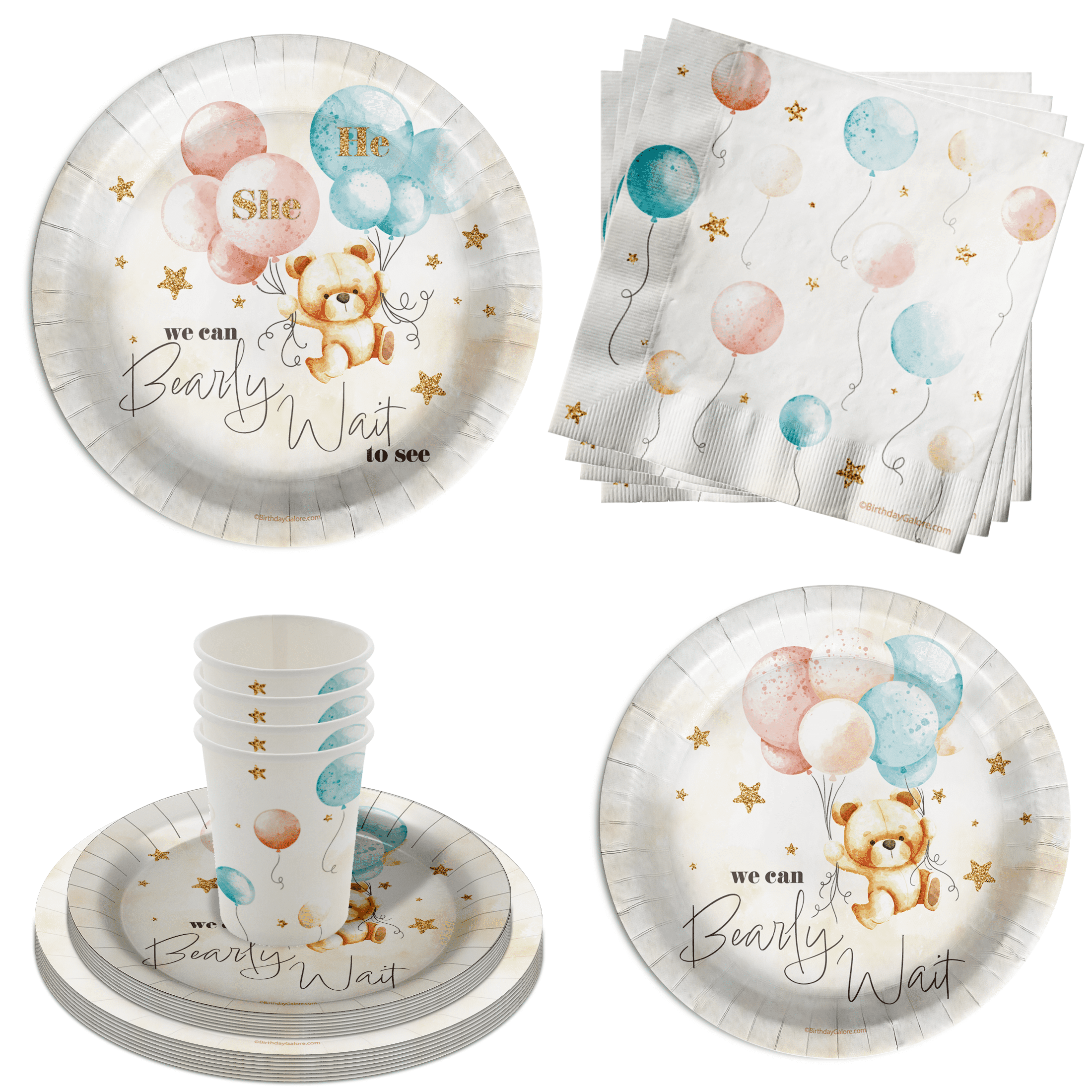 Teddy Bear Gender Reveal Party Supplies - Bear Baby Shower Party Supplies 64 Piece Tableware Set Includes Large 9" Paper Plates Dessert Plates, Cups and Napkins Kit for 16