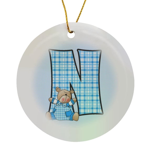 Teddy Bear In Blue For Boys Baby And Kids Monogram N In Gingham Prints, Circle Porcelain Ornament