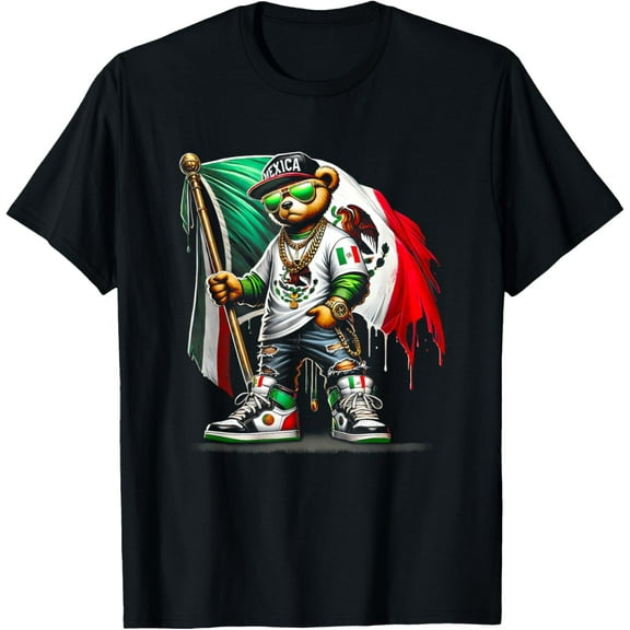 Teddy Bear In Hip Hop Costume Mexican Flag Mexico T-Shirt Tops Tee