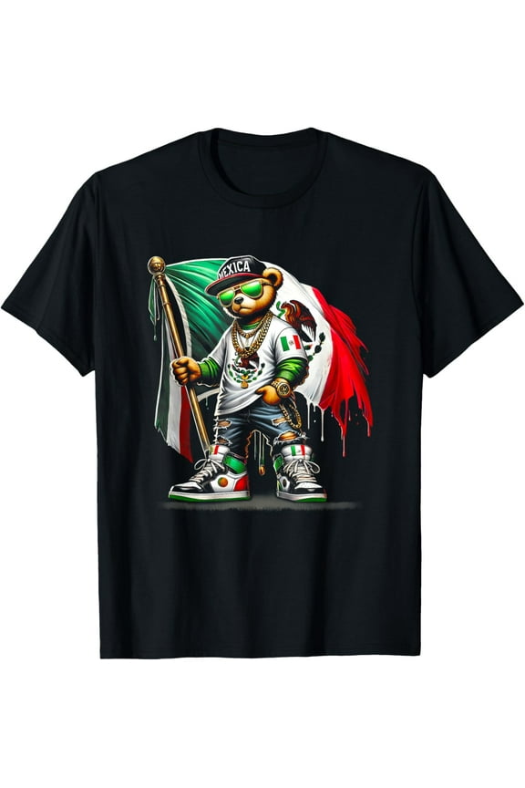 Teddy Bear In Hip Hop Costume Mexican Flag Mexico T-Shirt Tops Tee
