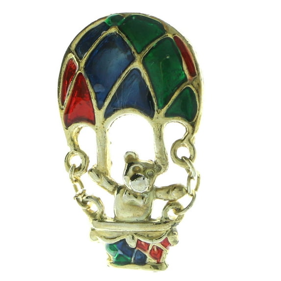 Teddy Bear In Hot Air Balloon Brooch-Pin Gold-Tone Metal With Colorful Accents LQP765